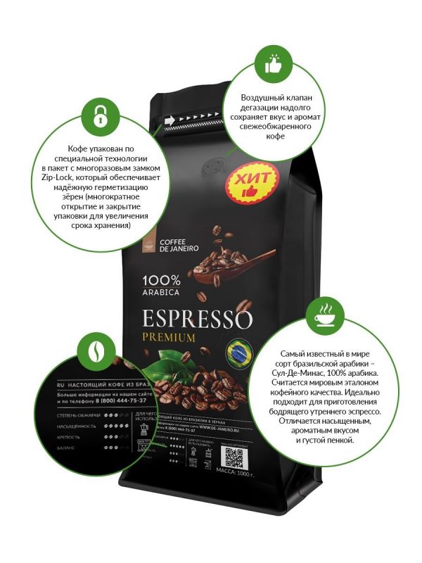 DE JANEIRO ДЕ ЖАНЕЙРО Кофе в зёрнах 1 кг ESPRESSO PREMIUM 100% Арабика